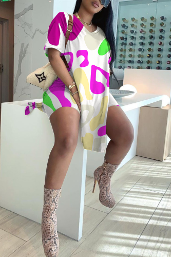 Casual Print Slit V Neck Short Sleeve Two Pieces