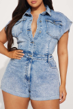 Casual Solid Color Pocket Buckle Turndown Collar Regular Rompers