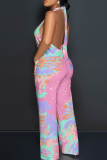 Casual Print Backless Halter Loose Jumpsuits