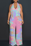 Casual Print Backless Halter Loose Jumpsuits