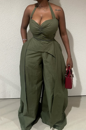 Casual Solid Color Backless Strap Design Halter Loose Jumpsuits