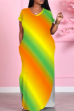 Casual Print Pocket Slit V Neck Long Dresses