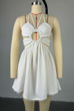 Sexy Solid Color Hollow Out Backless Pearls Decor Spaghetti Strap Sling Dresses