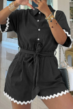 Casual Buckle Strap Design Turndown Collar Regular Rompers