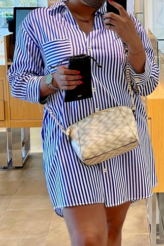 Casual Stripe Pocket Buckle Shirt Collar Plus Size Tops