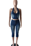 Casual Solid Color Backless Zipper Halter Sleeveless Two Pieces