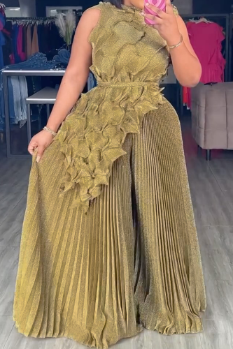 Elegant Solid Color Pleated Irregular Hem O Neck Sleeveless Two Pieces