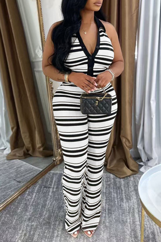Casual Daily Stripe Buttons Halter Sleeveless Two Pieces