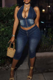 Casual Solid Color Backless Zipper Halter Sleeveless Two Pieces