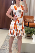 Elegant Print Pleated O Neck Long Dresses