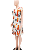 Elegant Print Pleated O Neck Long Dresses