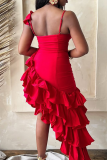 Sexy Solid Color Ruffled Trim Irregular Hem Spaghetti Strap Irregular Dresses
