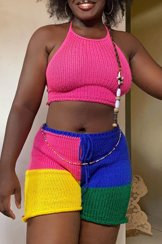 Sexy Colorblock Backless Strap Design Halter Sleeveless Two Pieces