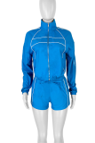 Casual Solid Color Lace Up Zipper Turndown Collar Long Sleeve Two Pieces