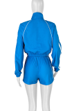Casual Solid Color Lace Up Zipper Turndown Collar Long Sleeve Two Pieces