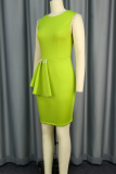 Elegant Solid Color Pearls Decor Flounce O Neck Wrapped Skirt Dresses