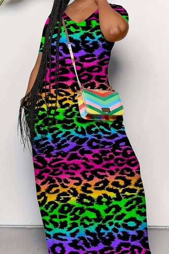 Casual Print Pocket V Neck Long Plus Size Dresses