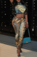 Sexy Print Patchwork O Neck Short Sleeve Two Pieces