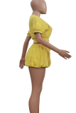 Casual Solid Color Draw String Zipper Zipper Collar Short Sleeve Two Pieces