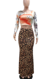 Casual Print Patchwork O Neck Long Sleeve Two Pieces