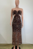 Sexy Leopard Print Hollow Out Strapless Long Dresses