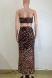 Sexy Leopard Print Hollow Out Strapless Long Dresses