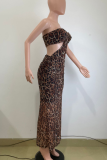 Sexy Leopard Print Hollow Out Strapless Long Dresses