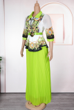 Elegant Print With Belt Pleated Turndown Collar Plus Size Two Pieces