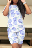 Casual Print Patchwork O Neck Short Sleeve Two Pieces
