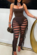 Sexy Solid Color Fringed Trim Hollow Out Square Neck Sleeveless Two Pieces