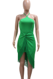 Sexy Solid Color Fringed Trim Halter Irregular Dresses