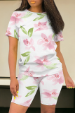 Casual Print Patchwork O Neck Short Sleeve Two Pieces