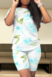 Casual Print Patchwork O Neck Short Sleeve Two Pieces