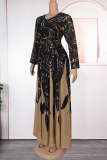Elegant Print Patchwork O Neck Long Plus Size Dresses