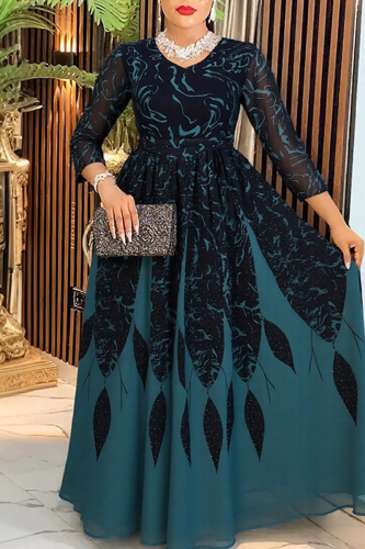 Elegant Print Patchwork O Neck Long Plus Size Dresses