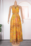 Sexy Print Slit Beading Zipper O Neck Long Plus Size Dresses