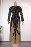 Elegant Print Patchwork O Neck Long Plus Size Dresses