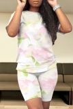 Casual Print Patchwork O Neck Short Sleeve Two Pieces