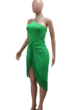 Sexy Solid Color Fringed Trim Halter Irregular Dresses