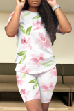 Casual Print Patchwork O Neck Short Sleeve Two Pieces