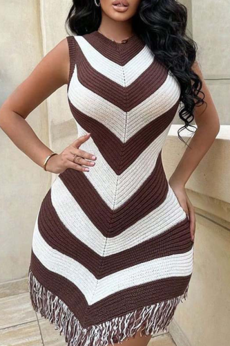 Sexy Stripe Fringed Trim O Neck Irregular Dresses