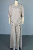 Casual Stripe Draw String V Neck Short Sleeve Two Pieces