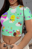 Casual Print Patchwork O Neck T-Shirts