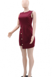 Casual Solid Color Buckle O Neck A Line Dresses