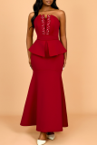 Sexy Solid Color Slit Beading Strapless Evening Dresses