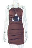 Sexy Solid Color Hollow Out Chains Halter Wrapped Skirt Dresses