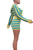 Casual Stripe Patchwork V Neck Long Sleeve Two Pieces