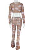 Casual Print Patchwork O Neck Long Sleeve Two Pieces