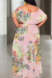 Casual Print Patchwork Off Shoulder Long Plus Size Dresses