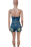 Sexy Solid Color Distressed Pocket Strapless Skinny Denim Jumpsuits